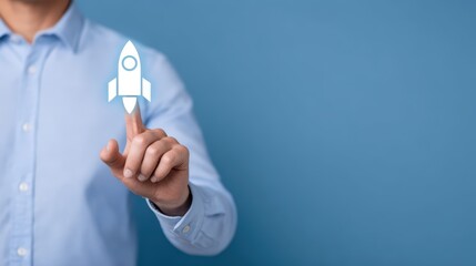 Poster - Businessman Touching Digital Rocket Icon on Blue Background Concept for Innovation and Growth in Technology Sector