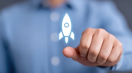 Poster - Businessman Reaching Out to Touch a Rocket Icon Representing Startup Growth and Innovation in Modern Technology Environment