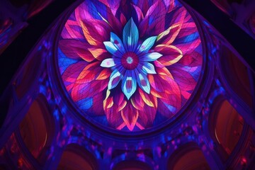 Poster - Colorful LED ornamental ceiling design enhances atmosphere in festive indoor setting, LED colorful ornamental ceiling background on the dome, digital display projection