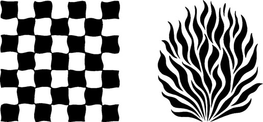 Poster - Artistic black and white checker tile and stylized flame rosette design for decorative projects