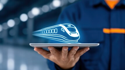 Poster - Innovative Technology in Transportation: Digital Train Concept Demonstrated on Tablet by Technician in Modern Station Environment