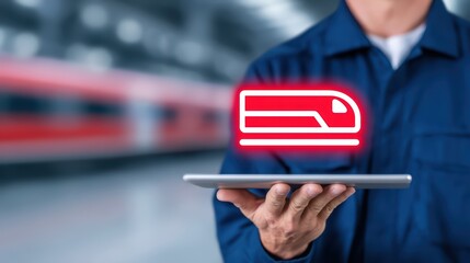Poster - Modern Transportation Concept with Digital Train Icon and Man Holding Tablet in Train Station Background