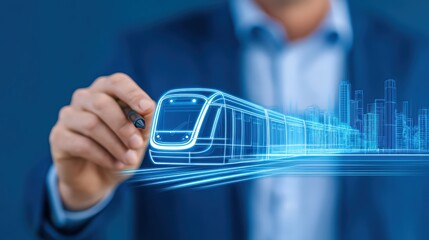Poster - Professional Person Illustrating Modern Train Concept with Digital Technology and Urban Skyline in Background