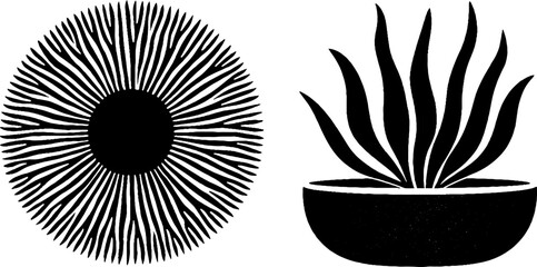 Poster - Minimalist sun fan and aloe leaf design with marble bowl motif for decor and prints