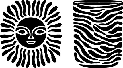 Poster - Artistic depiction of sun with radiant glare, towel fold, and geometric water glass design