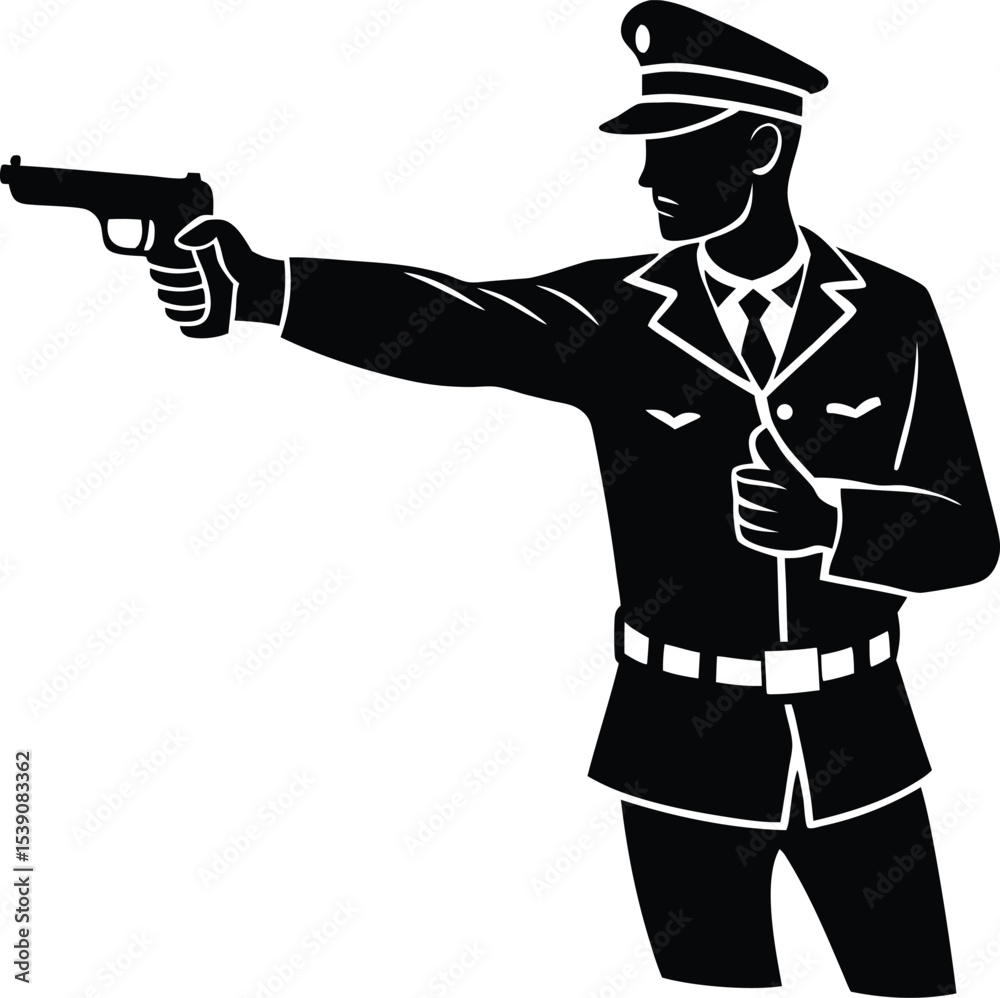Aggressive Police Officer Pointing Gun in Commanding Stance Stock ...
