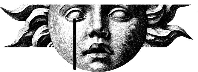 Poster - Surreal sun face with floating crown in collage art style