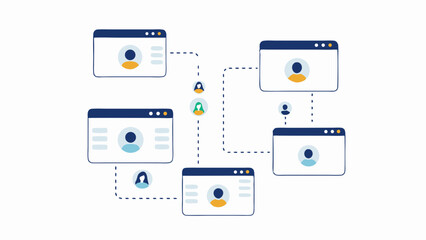illustration showing interconnected web pages with user profiles and dotted connection lines showing