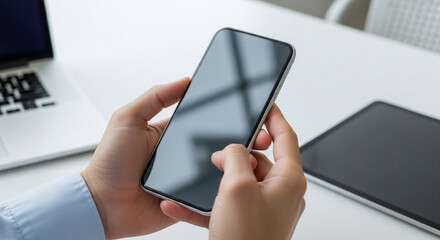 Aufkleber - Close-up of hands holding smartphone with blank screen, laptop and tablet in background, showcasing mobile device mockup for app or website display