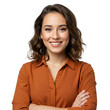 © salek - A confident woman with a warm smile, wearing a burnt orange shirt, isolated on transparent background