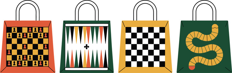 Poster - illustrated shopping bags featuring chess backgammon checkerboard snake game board design concept ar