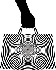 Poster - Black hand holding shopping bag with optical illusion spiral pattern vector illustration design art 100 editable stock vector illustration