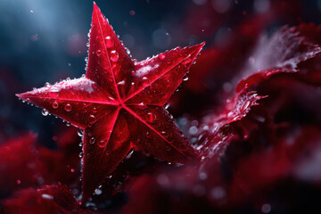 Poster - Close-up of a red leaf with droplets on dark background