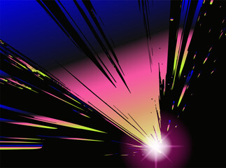 Poster - Vibrant abstract illustration in vaporwave style, featuring dynamic, sharp black streaks radiating from a bright pink, yellow, and blue center, giving a sense of energetic motion.
