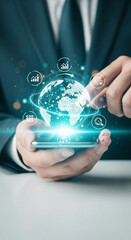 Poster - Person holding phone, holographic globe appears above it, showing global business network, data analysis, and growth, showcasing digital marketing and global reach