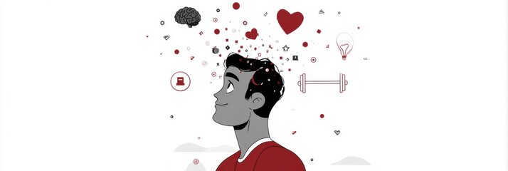 Aufkleber - Side Profile of a Thoughtful Man Surrounded by Icons of Love, Intelligence, and Fitness Reflecting a Balanced Lifestyle in a Modern Illustration