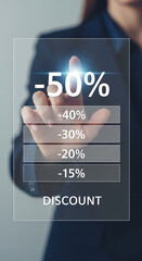 Poster - Hand interacts with digital interface showcasing various discount percentages, symbolizing online shopping, sales, and promotional offers, ideal for e-commerce or business websites