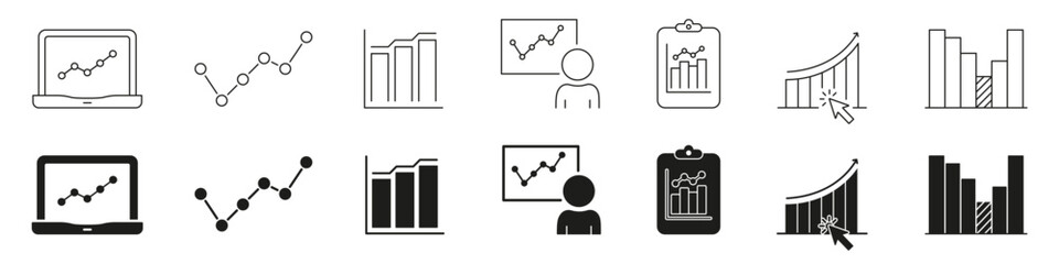 Fototapete - Data Analytics And Growth Chart Line And Solid Icon Set. Business Performance, Financial Analysis, And Market Trends Symbol Collection. Statistical Visualization Tools. Isolated Vector Illustration