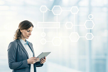 Poster - Businesswoman reviewing data on tablet with flowchart graphic overlay