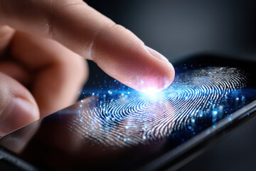 Poster - Finger touching smartphone screen with glowing fingerprint recognition technology in action