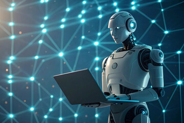 Poster - Advanced AI Robot Using Laptop Computer, Futuristic Technology Concept