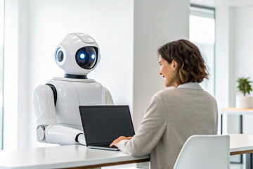 Poster - Businesswoman Working with AI Robot Assistant on Laptop in Modern Office