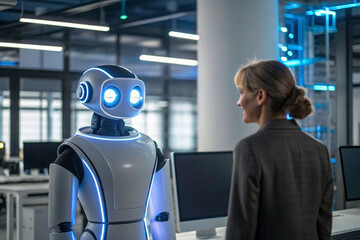 Poster - Businesswoman Interacting with Advanced AI Robot in Modern Office
