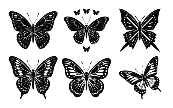 Insect butterfly black silhouette set vector.