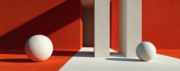 Poster - Minimalist modern art composition featuring marble columns and geometric shapes on red background