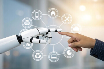 Poster - Human Hand and Robotic Hand Interacting with Network of Technology Icons