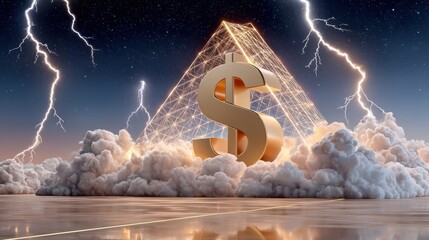 Poster - Golden glowing dollar sign under lightning with a pyramid and stormy sky