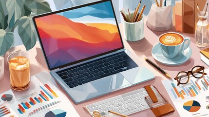 Poster - Creative workspace setup with modern laptop, charts, and a cup of coffee