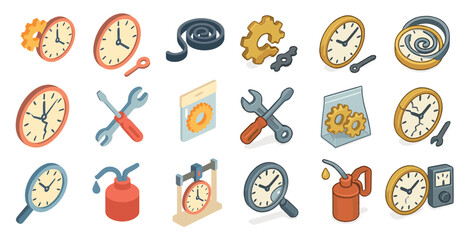 Poster - Time management tools isometric icons set – clock, gears, schedule planning