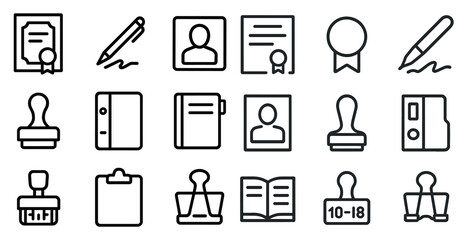 Poster - Office and document outline icons set – linear, flat, stationery and filing graphics