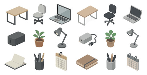 Poster - Home office isometric icons set – workspace, desk, and modern furniture symbols