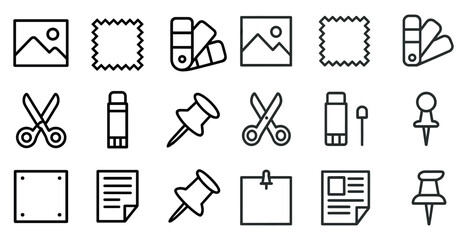 Poster - Office supplies outline icons set – tools, stationery, work essentials symbols