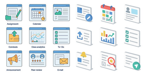Poster - Education and business isometric icons set – flat, pixel art, study and task management symbols