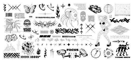 Fototapete - Y2K-inspired, retrofuturistic and brutalism elements in street aesthetics and trendy prints for clothing brand, T-shirts, typography. Streetwear prints, Y2K style with lettering. Vector graphic pack