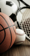 Poster - Close-up of basketball, baseball, soccer ball and tennis racket, showcasing sports equipment texture and composition, representing athleticism and competition