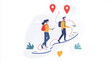 © Creative - Office Workers on Career Path – Flat Vector with Curved Steps, Red Pins & Clean White Background