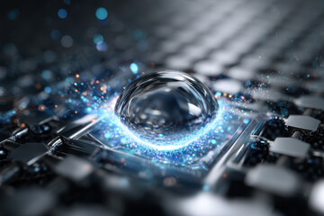 Poster - Droplet creating sparks on a textured surface with glowing particles in a dark setting