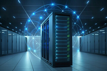 Poster - Global Network Data Center Server Room with Illuminated Sphere