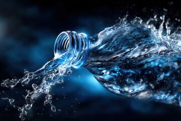 Poster - Flowing blue water from a transparent bottle captured in a dynamic manner