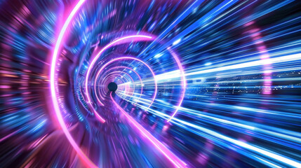 Poster - Futuristic tunnel with vibrant blue and purple neon lights creating dynamic sense of motion and energy