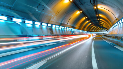 Poster - Futuristic tunnel with light lines moving in symmetry, showcasing vibrant colors and dynamic motion. scene evokes sense of speed and modernity