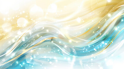 Poster - Soft golden and blue waves with glittery particles create serene and dreamy atmosphere, perfect for backgrounds or designs