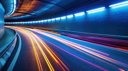 Poster - Vibrant neon tunnel with dynamic light trails from vehicles creates sense of speed and motion. blue and white lights enhance futuristic atmosphere
