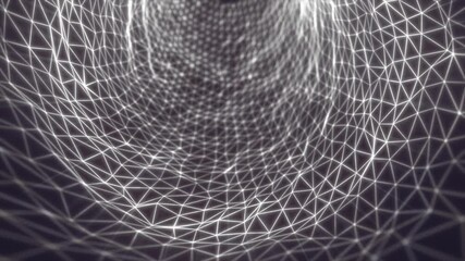 Poster - Monochrome digital mesh tunnel with glowing white triangle wireframes forming a dynamic data grid structure