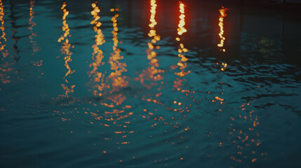 Poster - Tranquil water surface reflects shimmering lights, creating serene and captivating atmosphere. interplay of colors adds depth and beauty to scene
