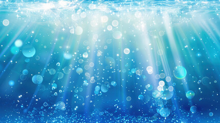 Poster - surface of ocean with sunlight sparkles creates serene underwater scene filled with bubbles and ligh
